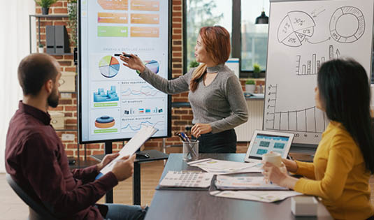 Business people looking at briefing presentation on display, analyzing charts information and statistics to plan financial growth and development. Colleagues brainstorming strategy ideas