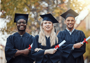 Education, arms crossed and portrait of friends at a graduation for future success, school certific.